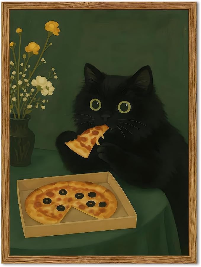 Funny Black Cat Wall Art Whimsical Black Cat Eating Pizza Wall Decor Cute by WARTHZwallart