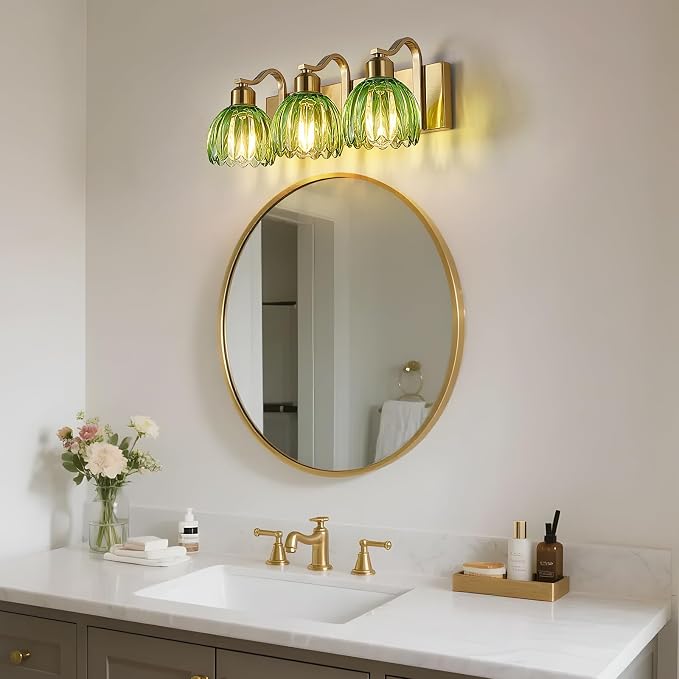 3-Light Vanity Lights with Green Tulip Glass Shade, Vintage Vanity Wall Sconce - Image 7