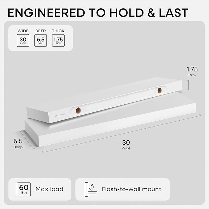 Homeforia White Floating Shelves 30 inch, High End Solid Real Wood 30inch - Image 2