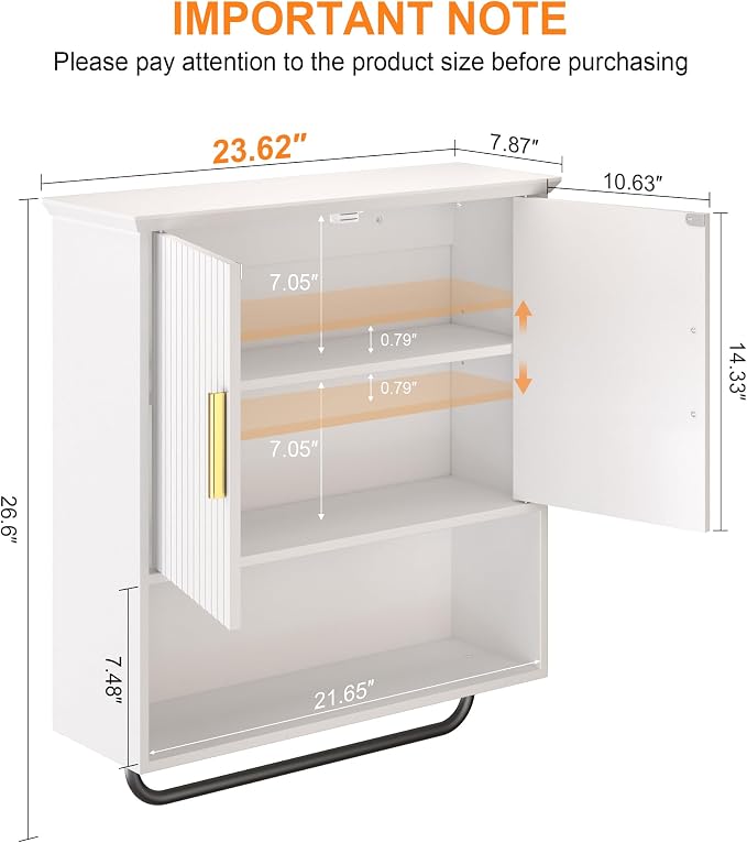 Bathroom Wall Cabinet with Towel Bar, 2 Doors & Adjustable Shelves - Image 2