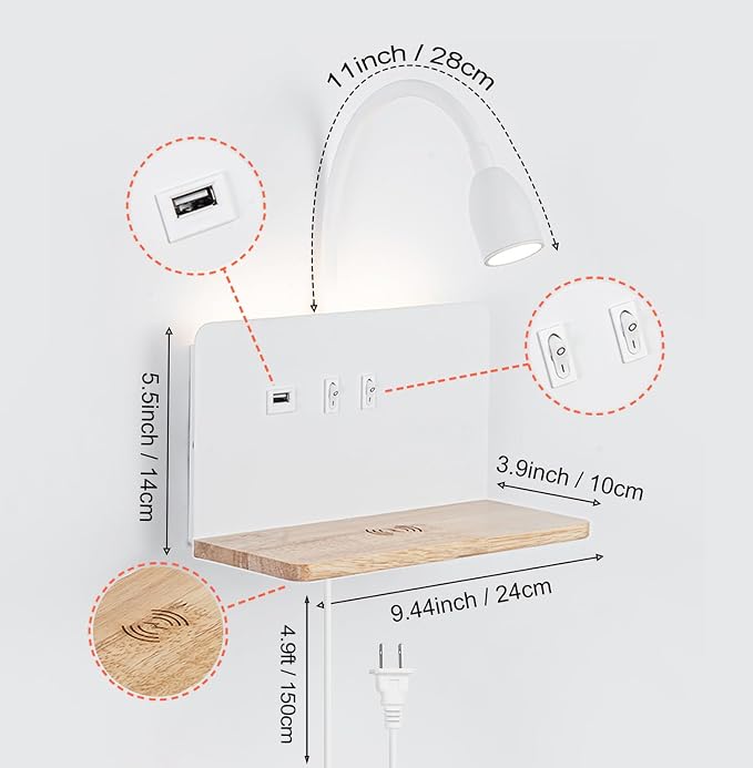 Bedside Wall Sconces with Wireless Charging Station & USB Charging, 3 - Image 2