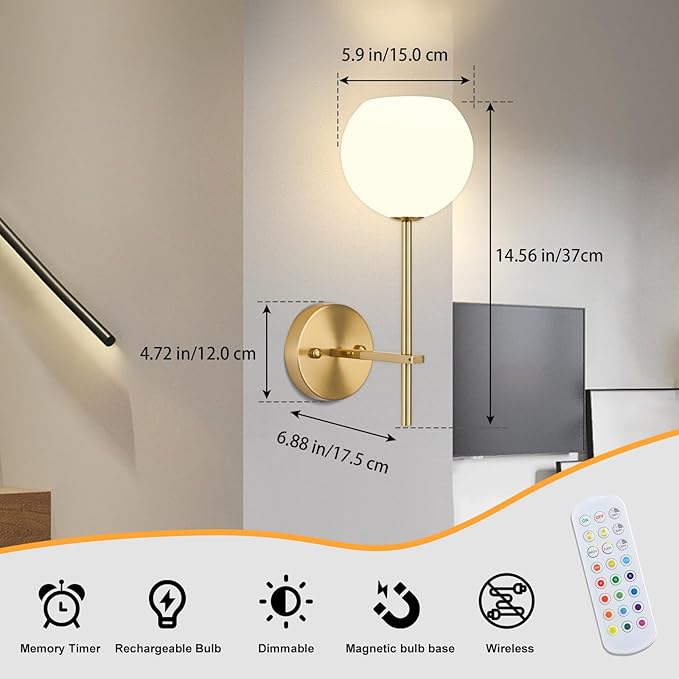 Gold Battery Operated Wall Sconces Set of 2, Rechargeable Wireless Wall Lights - Image 2