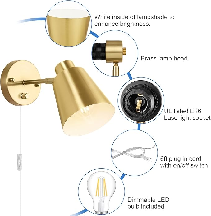 VATONI Dimmable Wall Sconce, Plug in Wall Sconce Adjustable Angle Wall Lights - Image 3