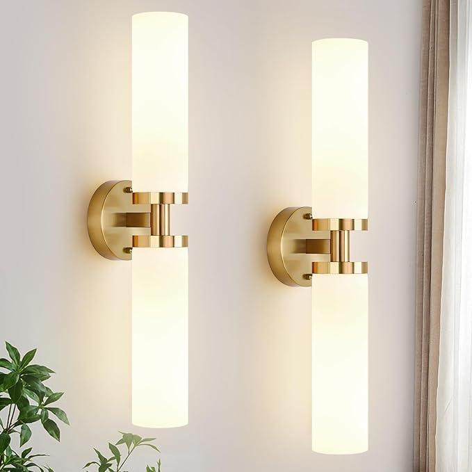 Wall Sconces Set of Two, Hardwired Brushed Gold Bathroom Sconces Wall Lighting by Indoibrightenyourbathroom