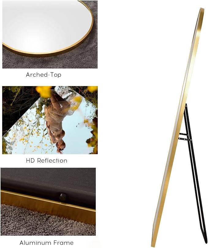 Arched Mirror - Full Length, Standing or Wall Mounted, Aluminum Frame - Gold - Image 4