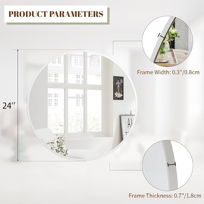 BEAUTYPEAK 24 Inch Round Mirror, Metal Frame Circle Mirror, Wall Mounted - Image 4