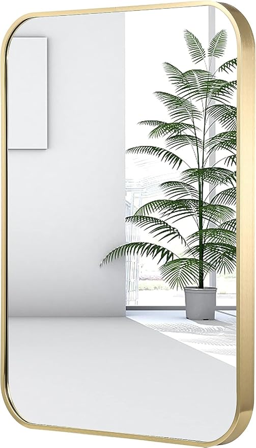 26x38 Inch Gold Bathroom Mirror, Brushed Brass Gold Metal Framed Rectangular by JENBELY