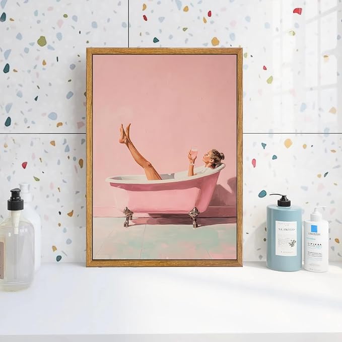 AtterrirArt Framed Pink Bathroom Wall Art, 12 * 16inch, Minimalist Bathtub - Image 6