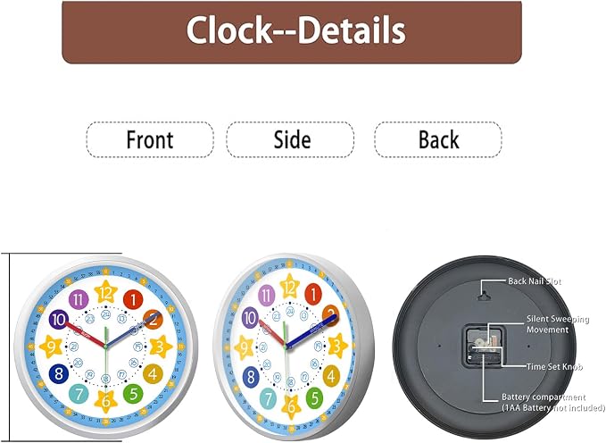 XFM Blue Kids Wall Clock 8 Inch Silent Non Ticking Quartz Battery Operated - Image 6