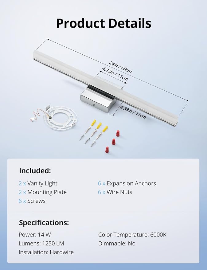 Combuh 2 Pack LED Vanity Lights Bar 24 Inch Bathroom Light Fixtures 14W IP44 - Image 9