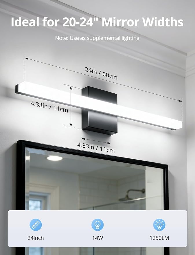 Combuh 2 Pack Bathroom Light Fixtures Black Vanity Lights Bar 24 Inch 14W - Image 6