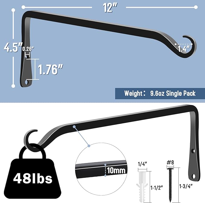 FEED GARDEN 2 Pack 12 Inch Hanging Plant Bracket Wall Hooks Decorative Plant - Image 2