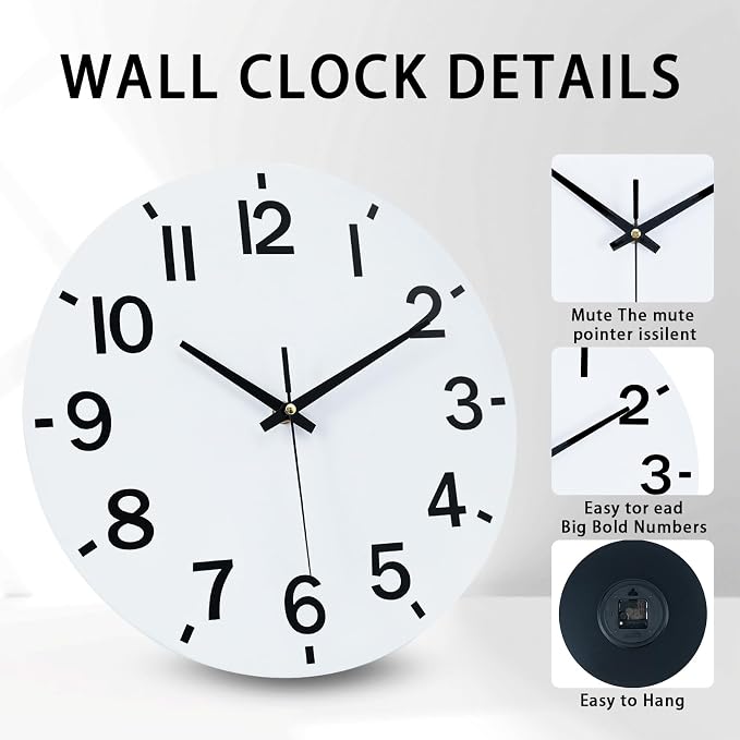 HZDHCLH Wall Clock 8 Inch Silent Non Ticking Wood Battery Operated White Wooden - Image 2