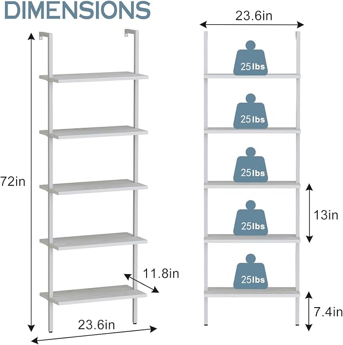 aboxoo Ladder Shelf 2 PCS White Bookshelf 5-Tier Wooden Open Shelf Wall-Mounted - Image 3