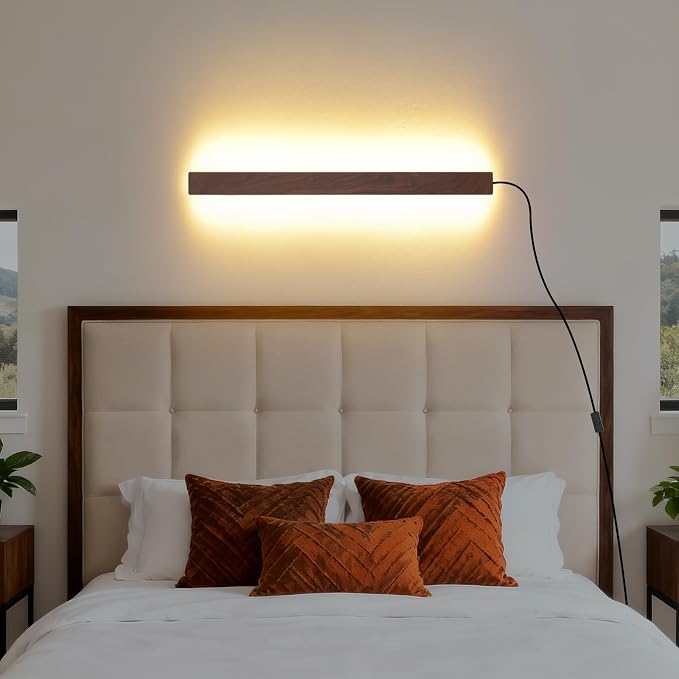 Farmhouse Plug in Wall Sconces, 23.6 inch Faux Walnut Finish LED Long Wall by KELUOLY