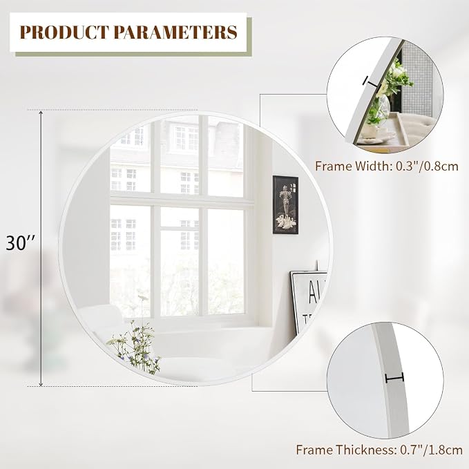 BEAUTYPEAK 30 Inch Round Mirror, Metal Frame Circle Mirror, Wall Mounted - Image 4