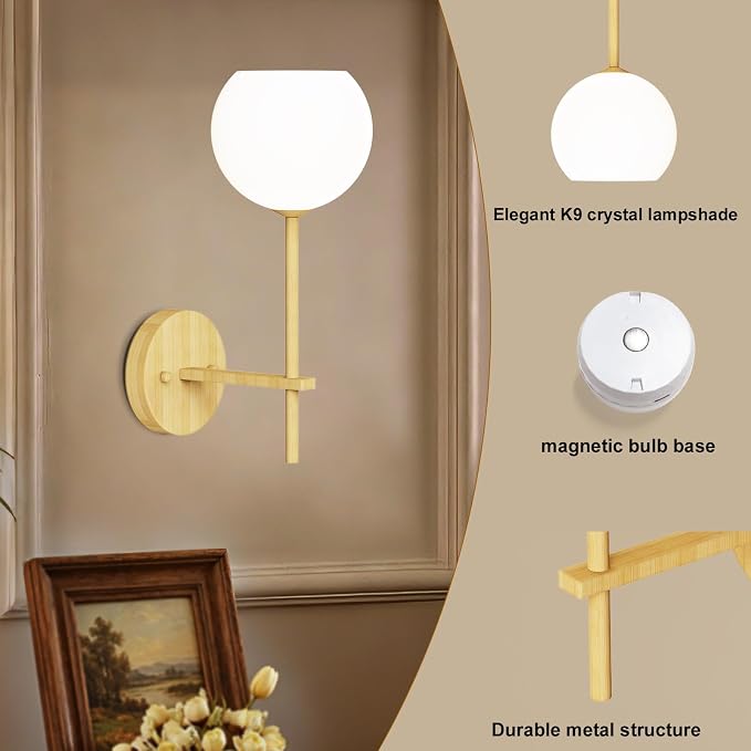 Wood Grain Battery Operated Wall Sconces Set of 2, Rechargeable Wireless Wall - Image 8