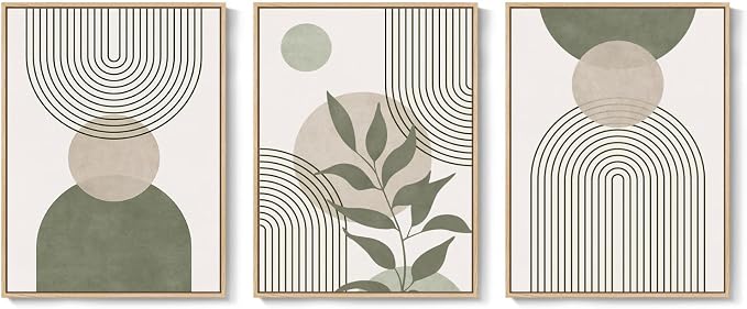 Framed Sage Green Boho Wall Art Bedroom, 3 Piece Beige Bohemian Canvas - Image 9
