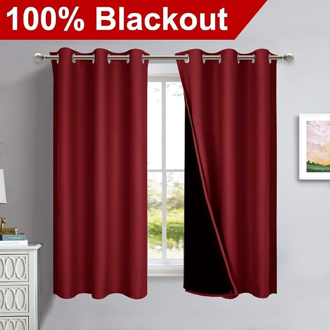 NICETOWN 100% Blackout Curtains 45 inches Long, Burgundy Red, 1 Pair, 42 inches - Image 2