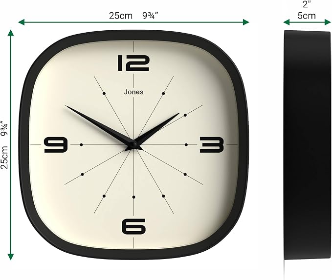 JONES CLOCKS® Pulsar wall Clock | Square Rounded Retro Clock | 10 inch | Black - Image 4