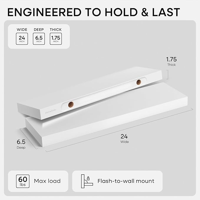 Homeforia White Floating Shelves 24 inch, High End Solid Real Wood 24inch - Image 2