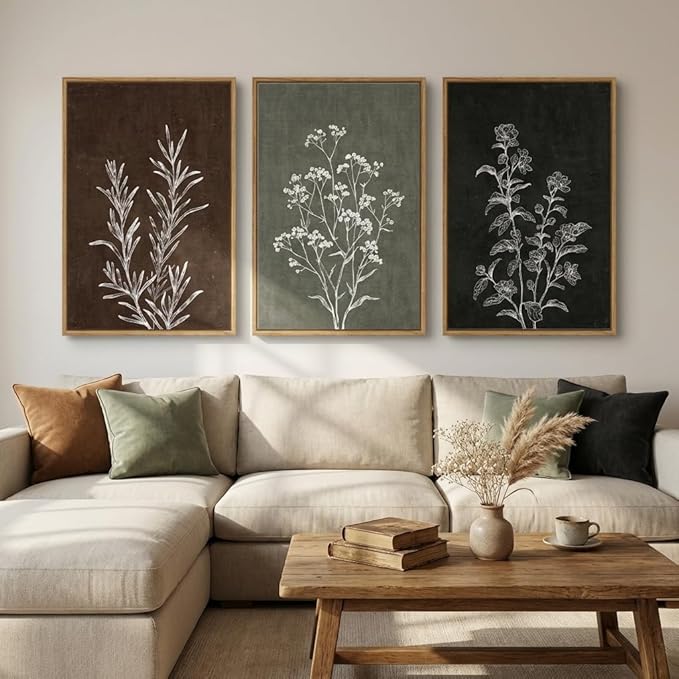 Framed Boho Botanical Wall Art for Living Room, 3 Piece Rustic Floral Canvas by MXART