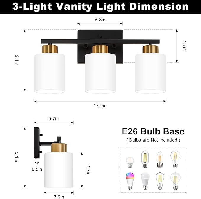 FonmYim Black and Gold Bathroom Light Fixtures, 3-Light Modern Vanity Light - Image 2