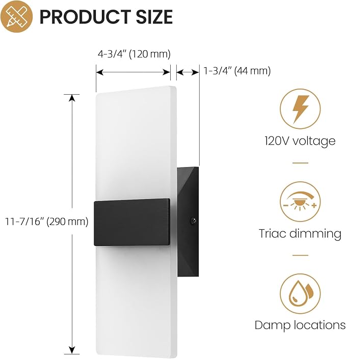 Modern LED Wall Sconces, 12 Inch Indoor Black Wall Lights, 12W 2700K-5000K - Image 6