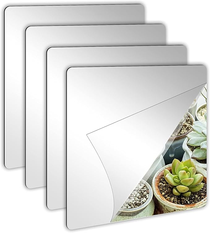 JUNEBRUSHS 4 Pack Self Adhesive Acrylic Mirror, 8 x 8 Inch Mirror Tiles by JUNEBRUSHS