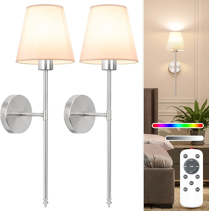 NIORSUN Battery Operated Wall Sconce Set of 2, Brushed Nickel Rechargeable Wall by NIORSUN