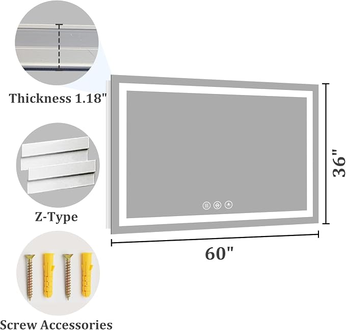 Koonmi 60"x36" LED Mirror for Bathroom, 90CRI Anti-Fog Vanity Mirror - Image 8