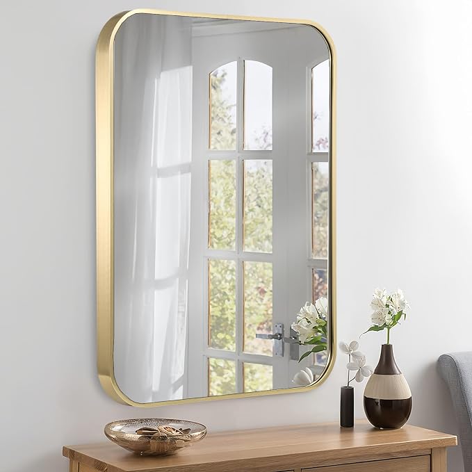 26x38 Inch Gold Bathroom Mirror, Brushed Brass Gold Metal Framed Rectangular - Image 2
