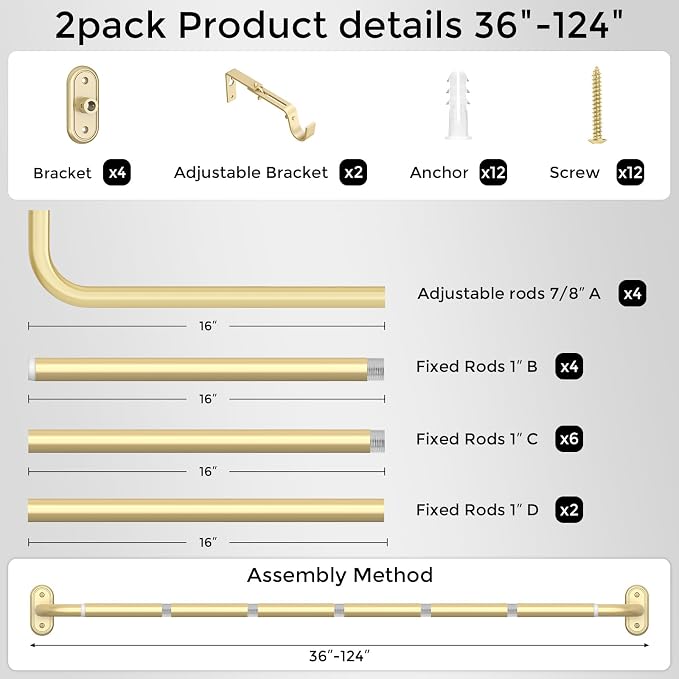 2 Pack Curtain Rods 36-120 Inch, Living Room, Sliding Door - Image 7