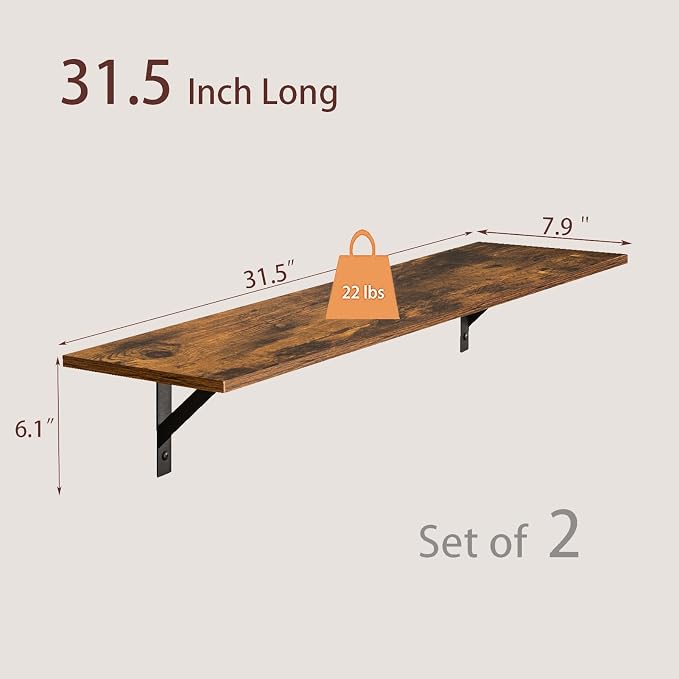 DINZI LVJ Long Wall Shelves, 31.5 Inch Wall Mounted Shelves Set of 2, - Image 3
