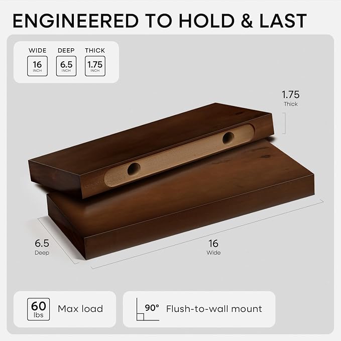Homeforia Walnut Floating Bathroom Shelves, High End Solid Real Wood 16 inch - Image 2