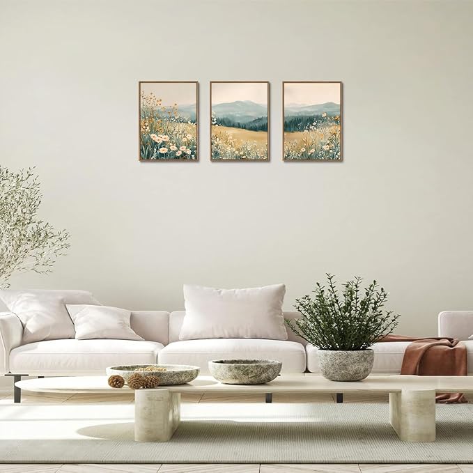 KISSFOX 3 Piece Framed Wildflower Wall Art Floral Wall Decor Landscape Flower - Image 3