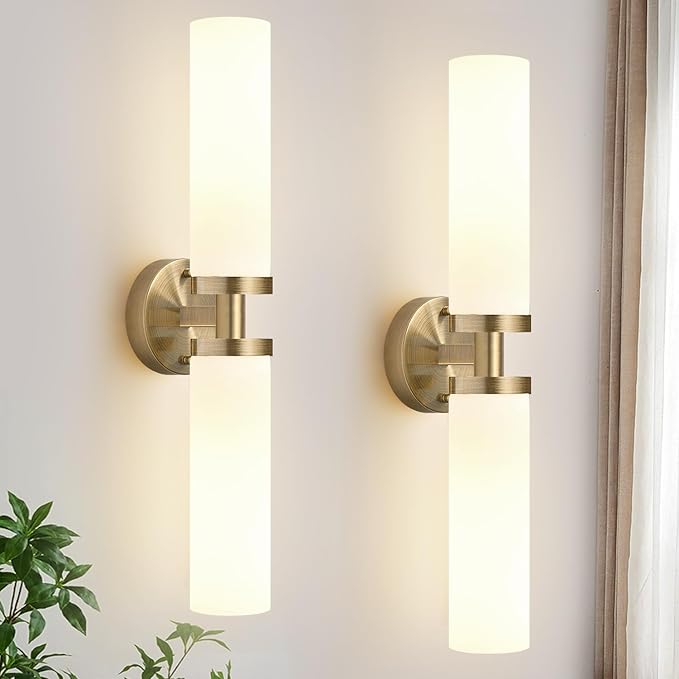 Indoi Wall Sconces Set of Two, Hardwired Brass Bathroom Sconces Wall Lighting by Indoibrightenyourbathroom