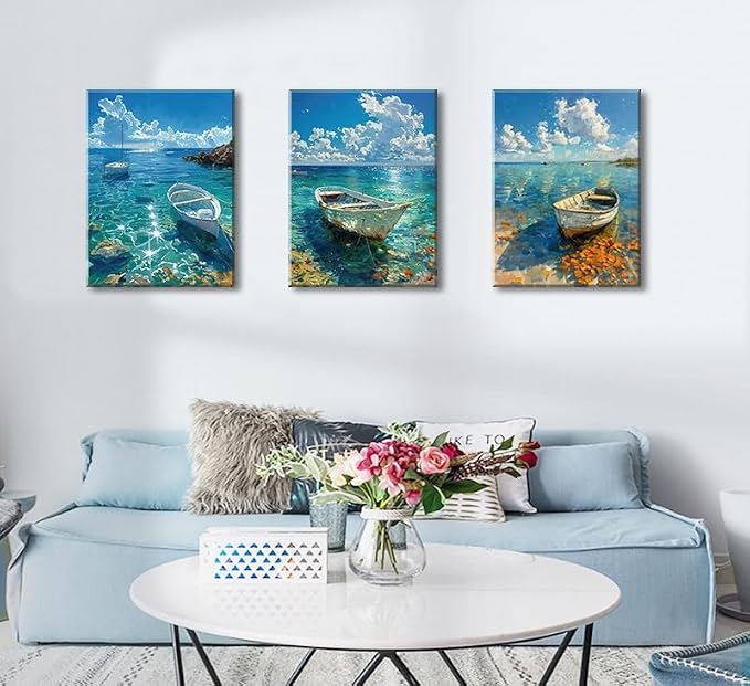 weiyiart Beach Decor Canvas Wall Art Blue Ocean Boat on the Sea Print Painting - Image 2