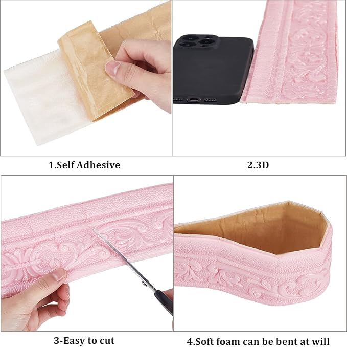 CRASPIRE 88 x 3in Crown Molding Peel and Stick 3D Flexible Foam Wall Trim Pink - Image 6