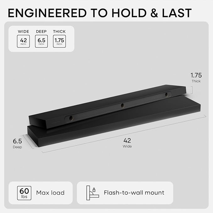 Homeforia Floating Black Shelf 42 inch, High End Solid Real Wood 42 inches Long - Image 2