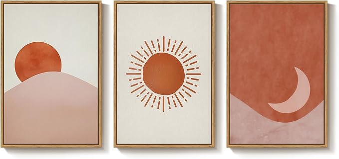 Framed Sun and Moon Boho Wall Art Bedroom, 3 Piece Abstract Minimalist - Image 9