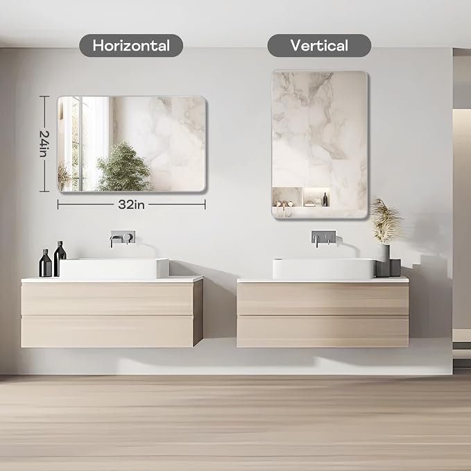Silver Framed Bathroom Mirror, Brushed Nickel Rounded Corner Rectangle Wall - Image 3