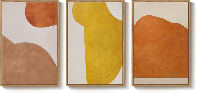 Framed Orange Abstract Boho Wall Art Bedroom, 3 Piece Neutral Mid Century - Image 9