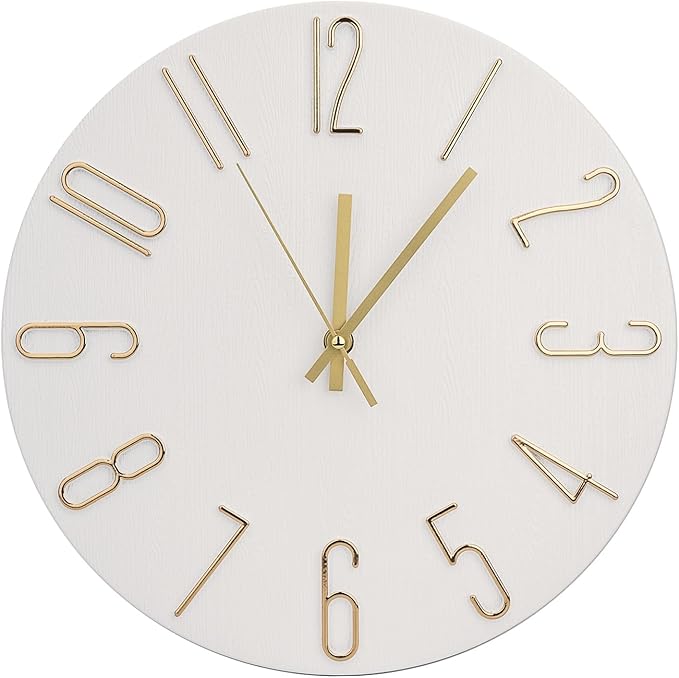 Wall Clock 12 Inch Silent Non-Ticking Imitation Wood Indoor Clock Round White by BAKBRAND
