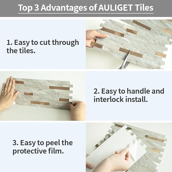 AULIGET 20 Sheets Faux Stone Peel and Stick Backsplash, Light Brown Marble Look - Image 7