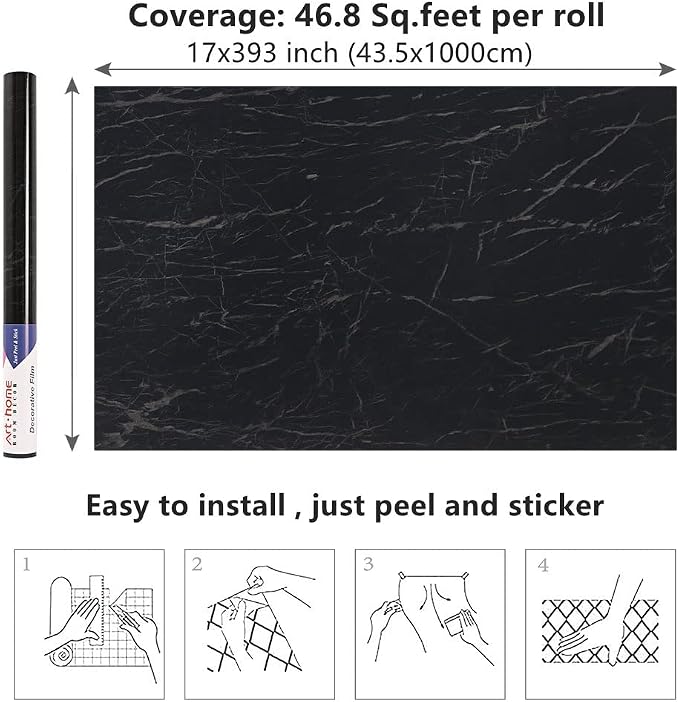 Arthome Black Marble, 17x393 Inches Peel and Stick Wallpaper, Marble Contact - Image 7