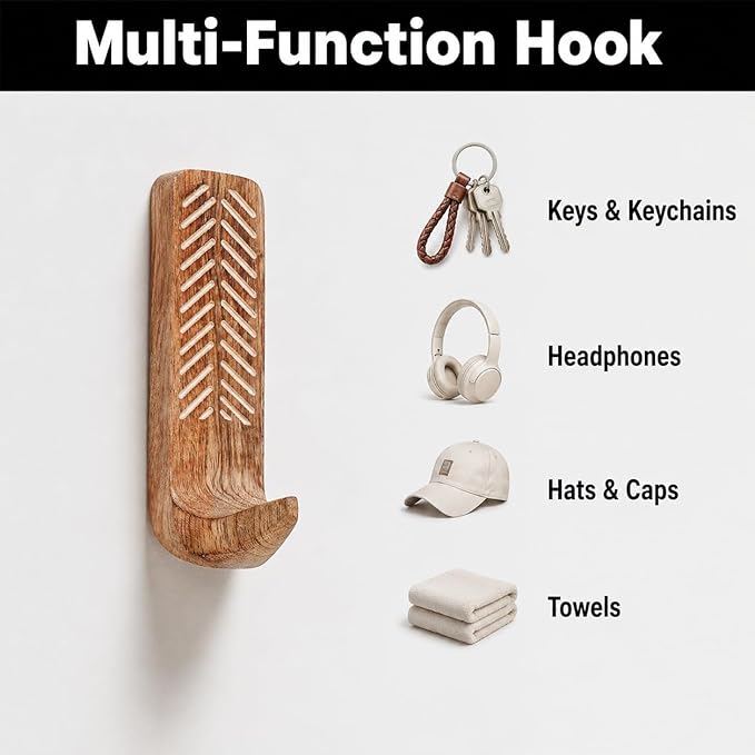 Indian Shelf 10 LB Decorative Wood Adhesive Wall Hooks – Boho Peel and Stick - Image 5