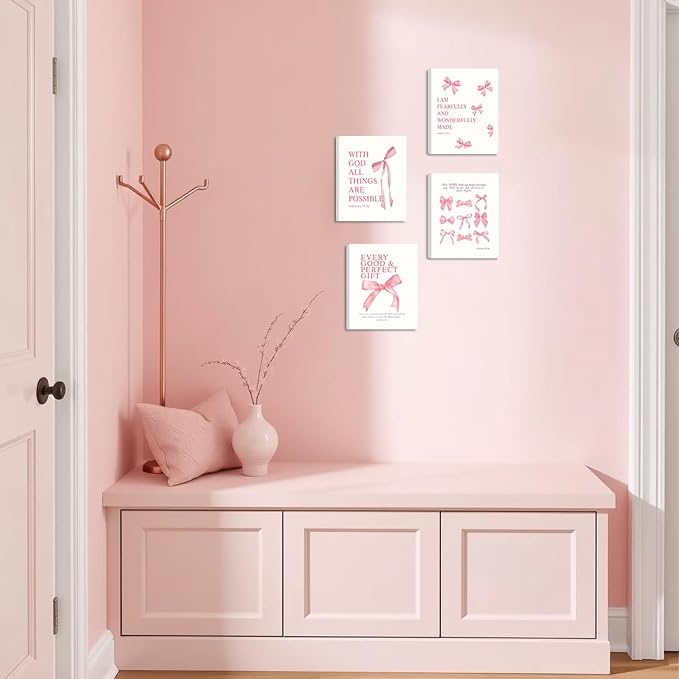 SEHSUVC Coquette Pink Bow Bible Verse Wall Art Set of 4, Christian Scripture - Image 6