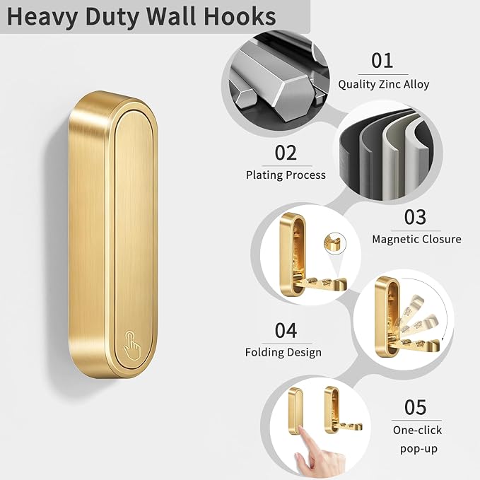 6PCS Foldable Wall Hooks, Zinc Alloy Flip Down Hooks, Retractable Wall Hooks - Image 2
