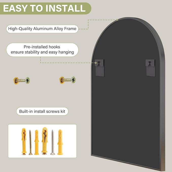 XRAMFY 24"x36" Black Arched Bathroom Mirror - Image 3